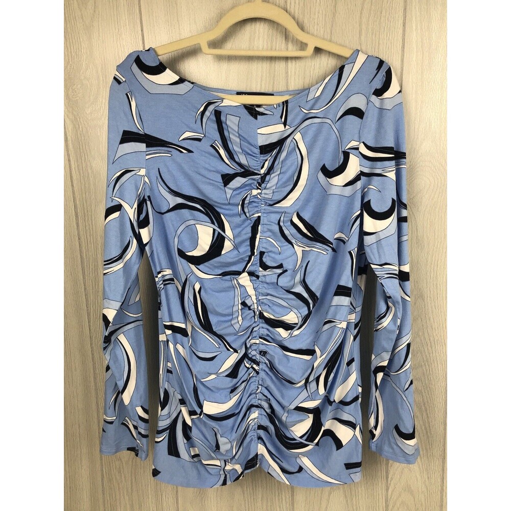 INC International Concepts Women’s XL Long Sleeve Ruched Top Blue Geometric